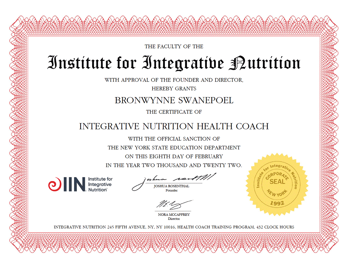 Bonny Swanepoel INN Certificate